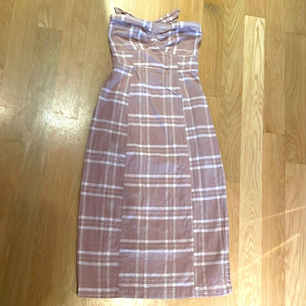Free People Plaid Linen/Cotton Blend strapless midi dress